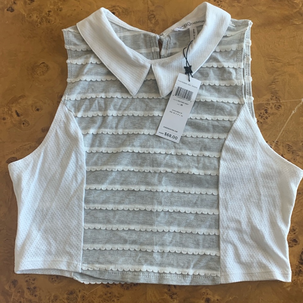 BCBG Grey Striped Collared Sleeveless Crop Top Size Medium